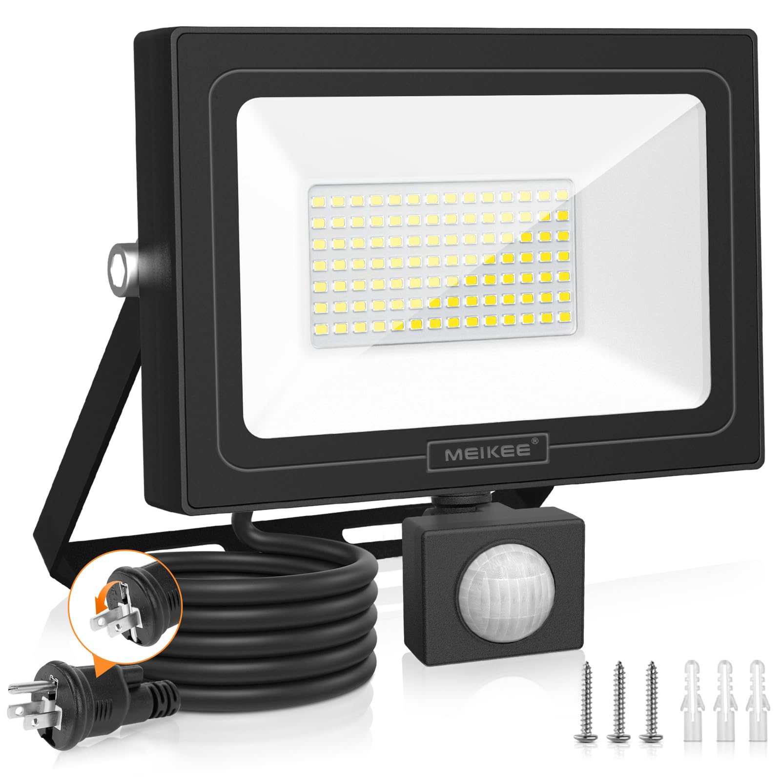 

MEIKEE Новітня модель світлодіодного датчика для зовнішнього та внутрішнього використання Світлодіодний датчик руху Світлодіодний прожектор 80 Вт 7200 ЛМ Тип розетки AC100 В Ультратонкий 6500 К Білий високий чорний