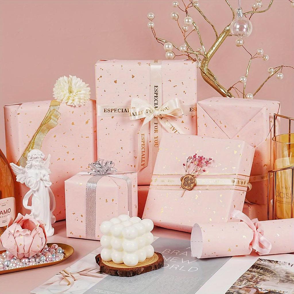 1 Roll Wrapping Paper, Pink and Golden Foil Wrapping Paper,  Kraft Paper Gift Wrap with Silvery and Golden Foil for Christmas