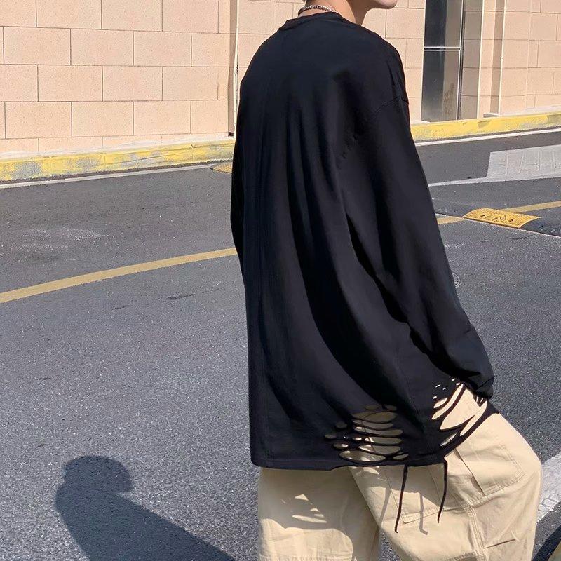 spring autumn oversized t-shirt for men harajuku solid hole T Shirt men's Pullover t-shirts long sleeve y2k Tops hip hop streetwear