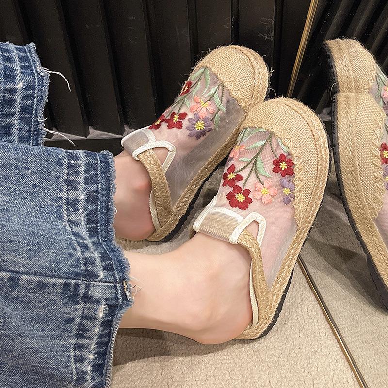 New Spring and Summer Cloth Shoes Bag Head Home Mesh Indoor and Outdoor Ethnic Style Flat Bottom Embroidered Flower Women's Cool Slippers