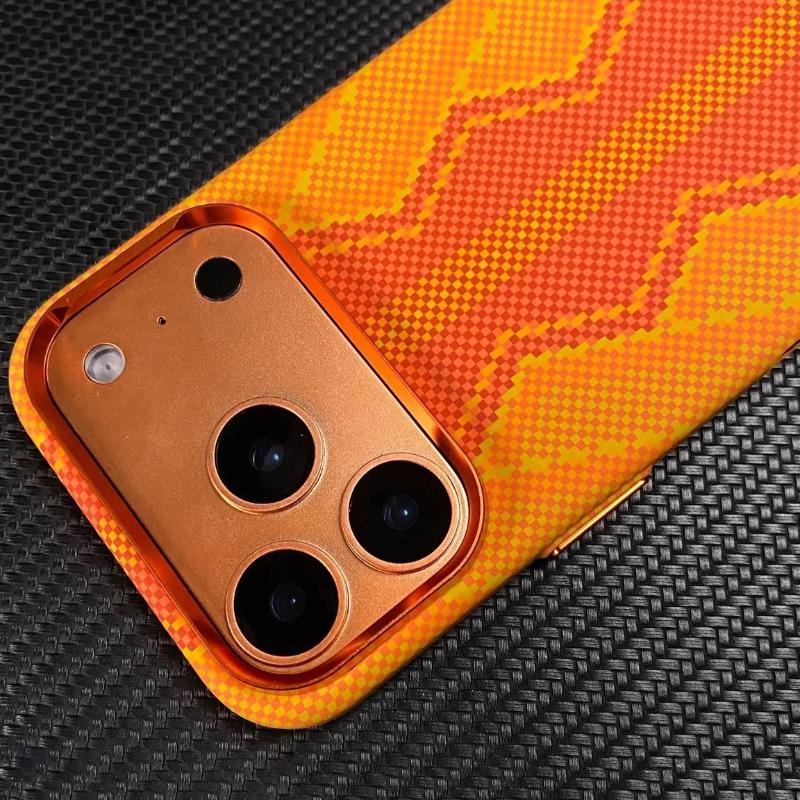 Carbon Fiber Texture Orange Case for iPhone 17 Pro Max / 17 Pro Magnetic Wireless Charging Alloy Lens Protection PC Cover