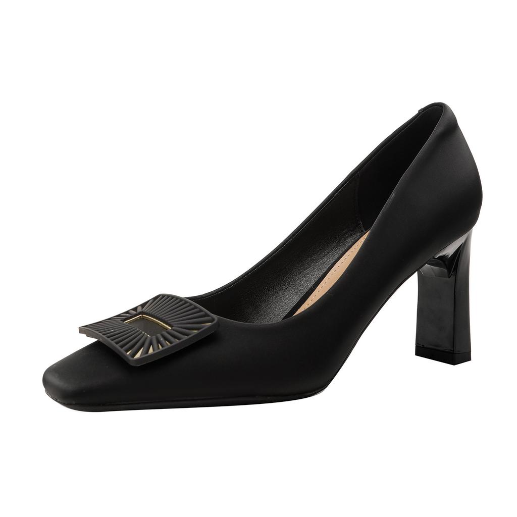 Square Head Thick Heel High Heels Soft Leather Work Shoes Spring 2026 One-pedal Square Buckle Shallow Mouth Single Shoes