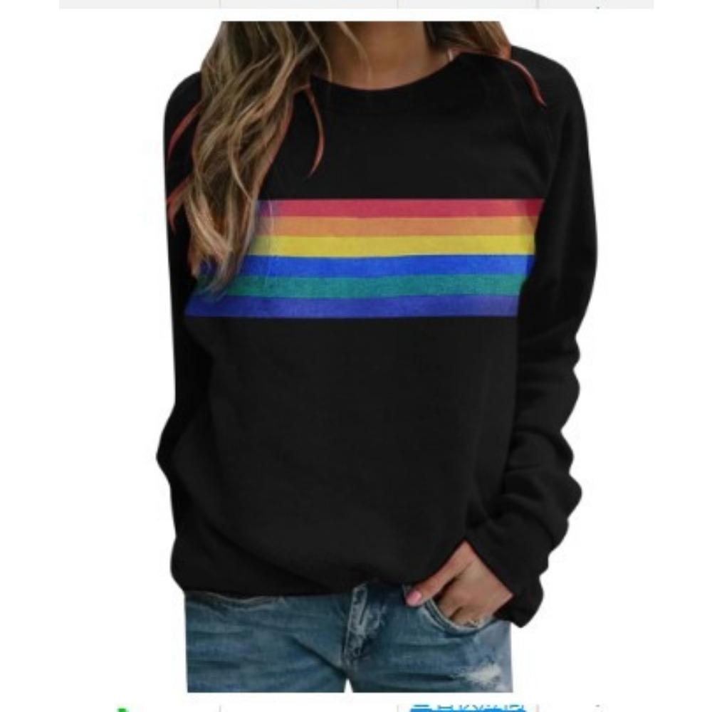 Dámská móda Podzimní tenké barevné pruhované potištěné topy Kulatý výstřih Pulovr Top s dlouhým rukávem Dámská mikina s kapucí