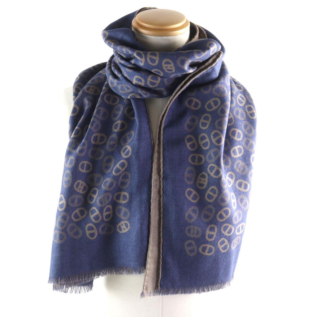 Great HERMES Scarf Bicolor Scarf Blue Light Brown Cashmere Mens Used