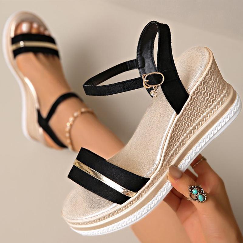 Fashion Summer Buckle Metal Bars Wedge Sandals for Women Open Toes Roman Sandalias Platform Suede Shoes Woman Slides