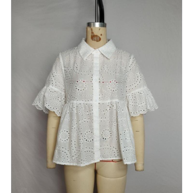 Womens Eyelet Embroidery Peplum Shirt With Point Collar And Ruffle Short Sleeve Casual Blouse
