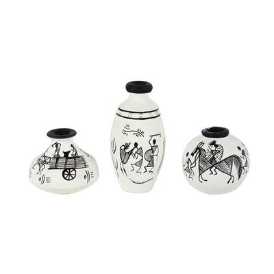 'Warli Handpainted' Terracotta Pots Vases for Home Decoration (Set of 3, White) Terracotta Décor Miniature Pots Showpiece