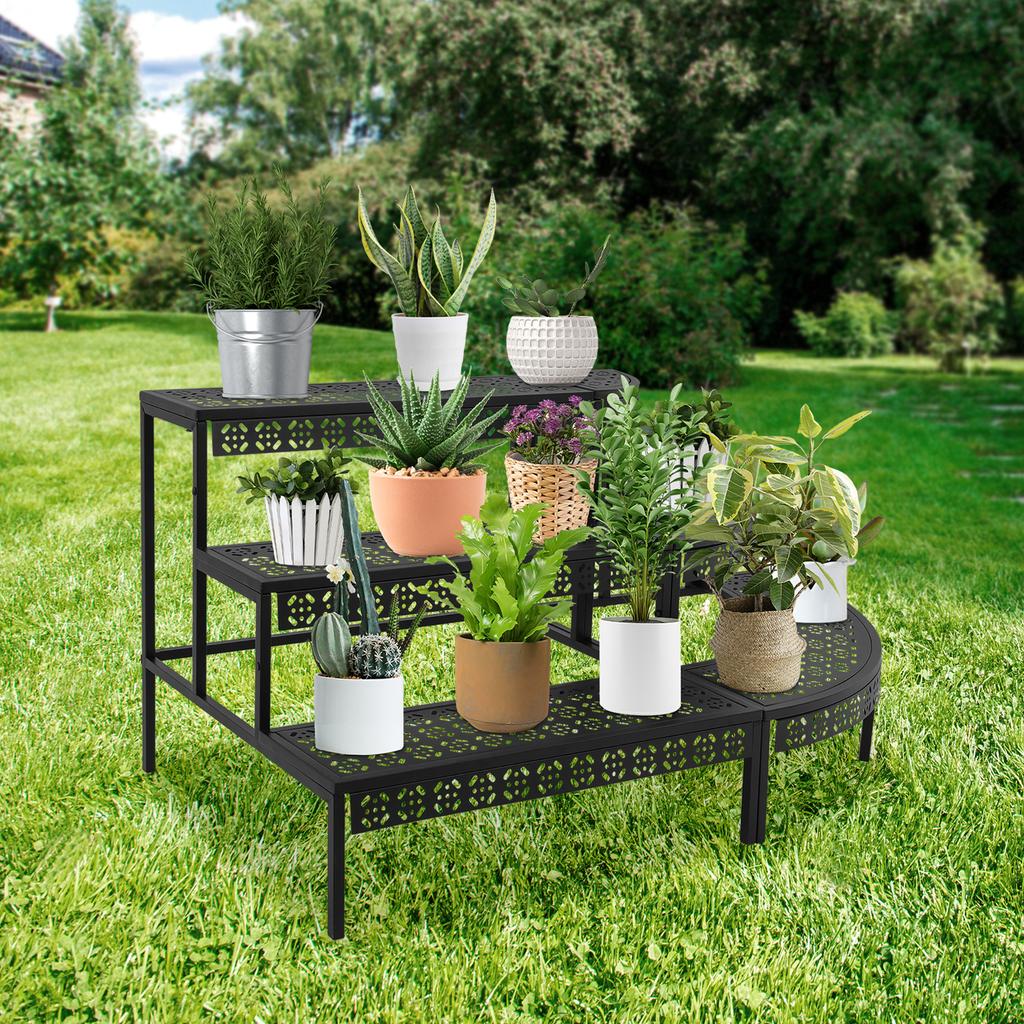 3 Tier Plant Stand for Indoor Outdoor Use, Multi-Level Flower Pot Display Shelf, Sturdy Metal Storage Rack Organizer for Garden