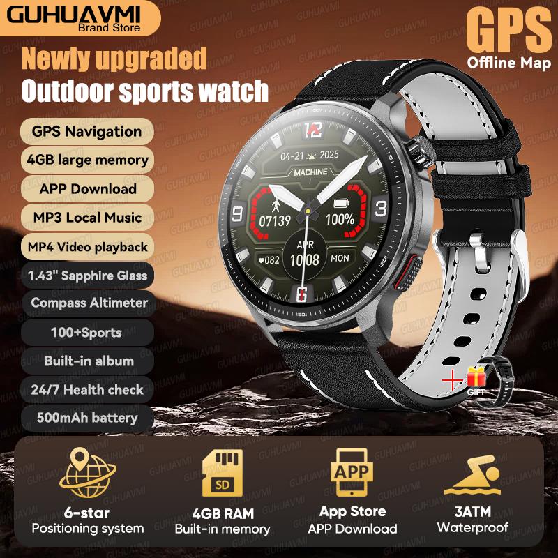 New Outdoor GPS Offline Map Sports Smart Watch Compass Altimeter 4GB Memory Video Music Playback Waterproof Smartwatch Men