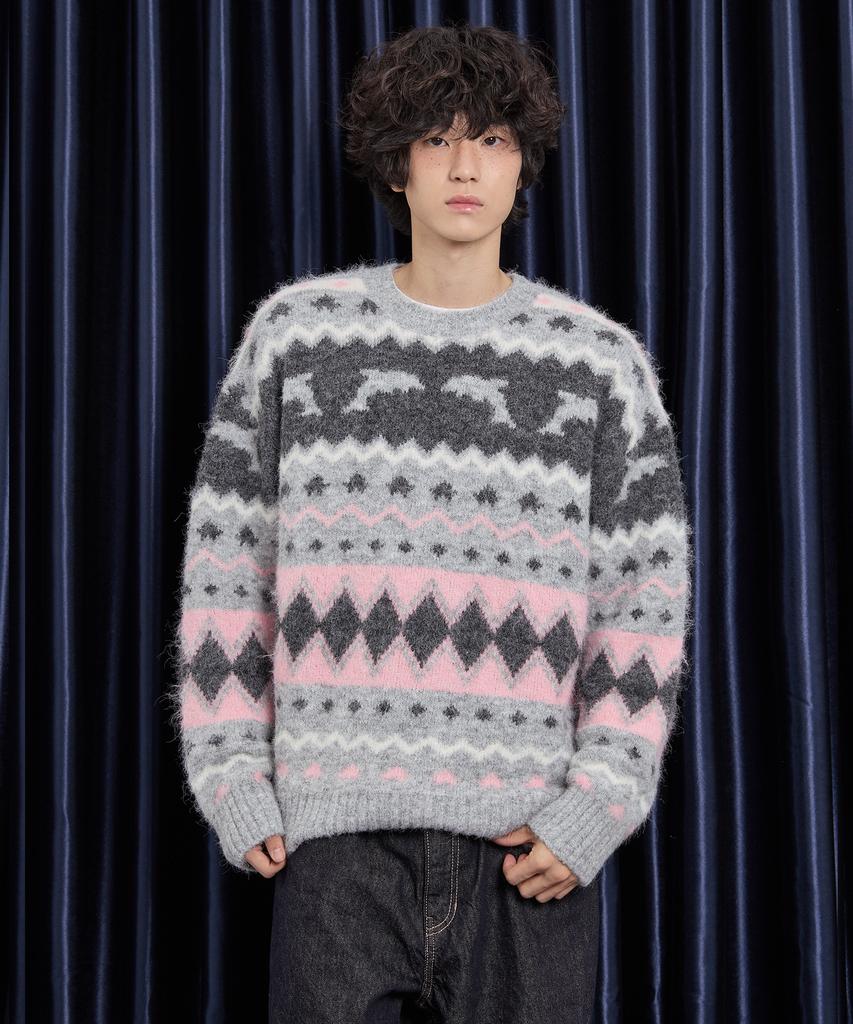 WAIKEI Dolphin Hairy Graphic Knit Gray