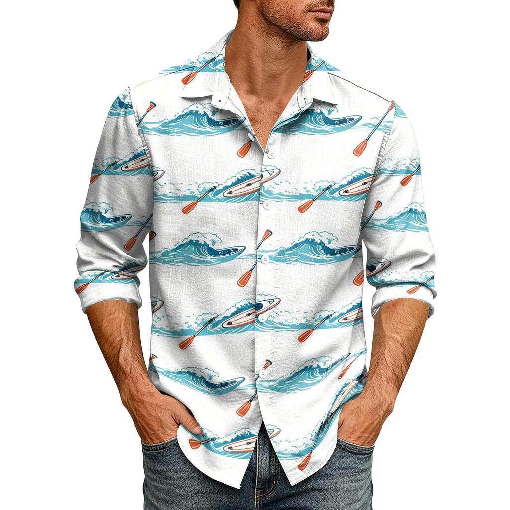 Men's Loose Fit Long Sleeve Button Down Shirt Hawaiian Style Retro Casual Beachwear Shirt with Spread Collar Suitable for Spring and Autumn