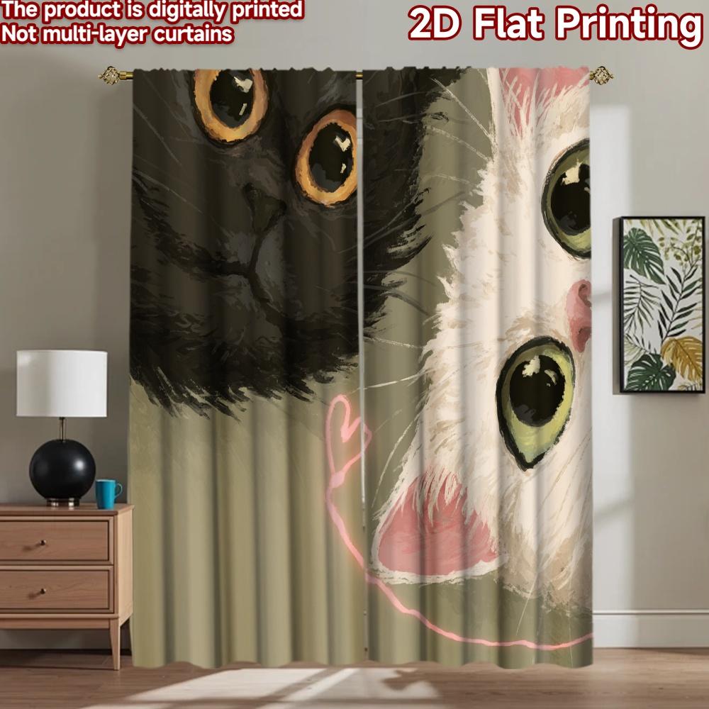 2D flat printing 2pcs Party Curtain Black White Cats Cute Digital Printed Polyester Drapes Festive Wall Decor Use for Drapes for