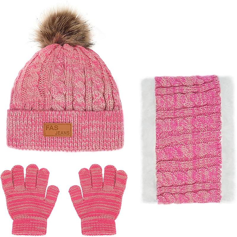 3PCS/set Kids Hat Scarf Gloves Set Baby Winter Warm Girls Boys Pompom Beanie Cap