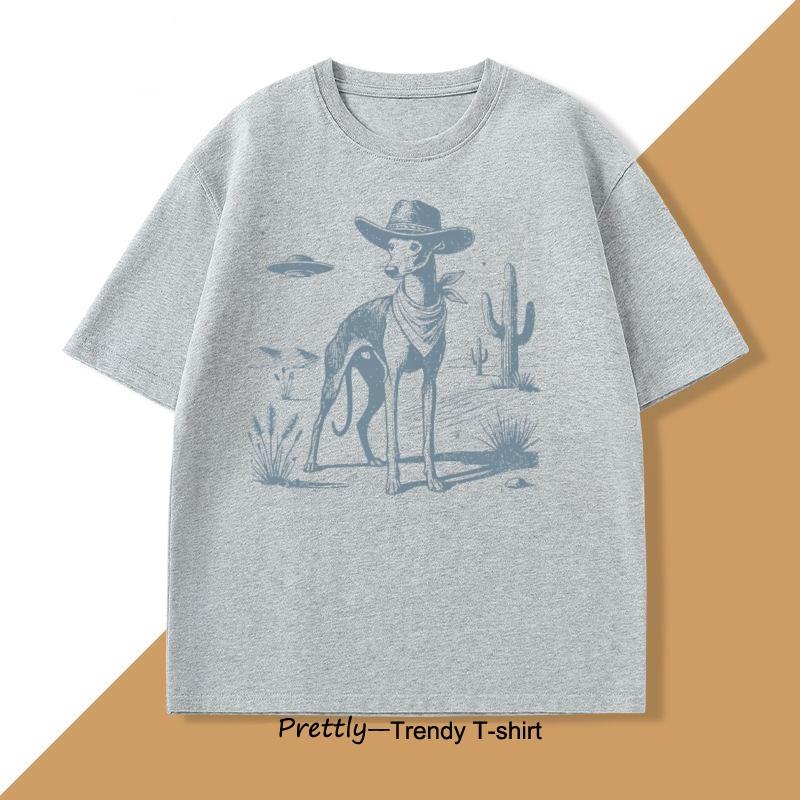 Vintage UFO Western TShirt Cotton Retro Short Sleeve Tshirt Cowboy Wild West Dog Mom T Shirt Casual Round Neck Loose Tees Top