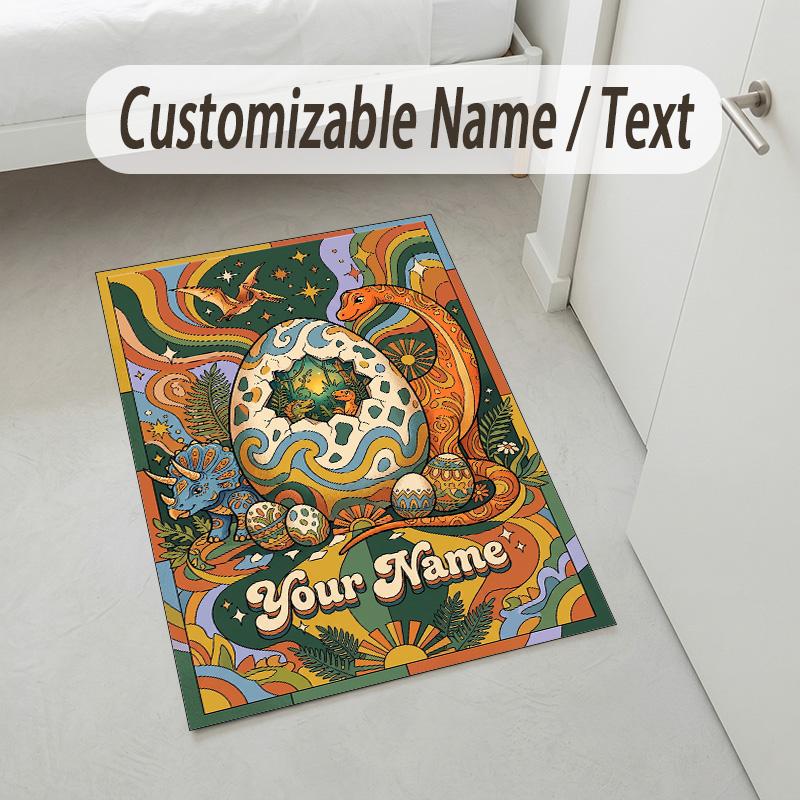 Dinosaur Theme Crystal Velvet Rug Personalized Custom Name Text Soft Floor Mat Home Decor