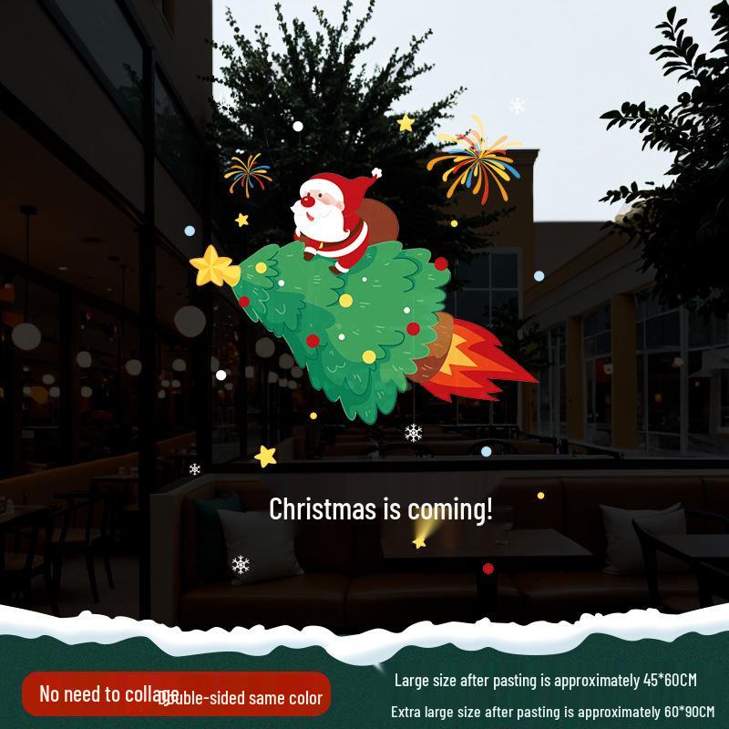 Christmas Santa Claus Window Cling Sticker - Mall Decor Scene, Static Glass Sticker for Door and Window