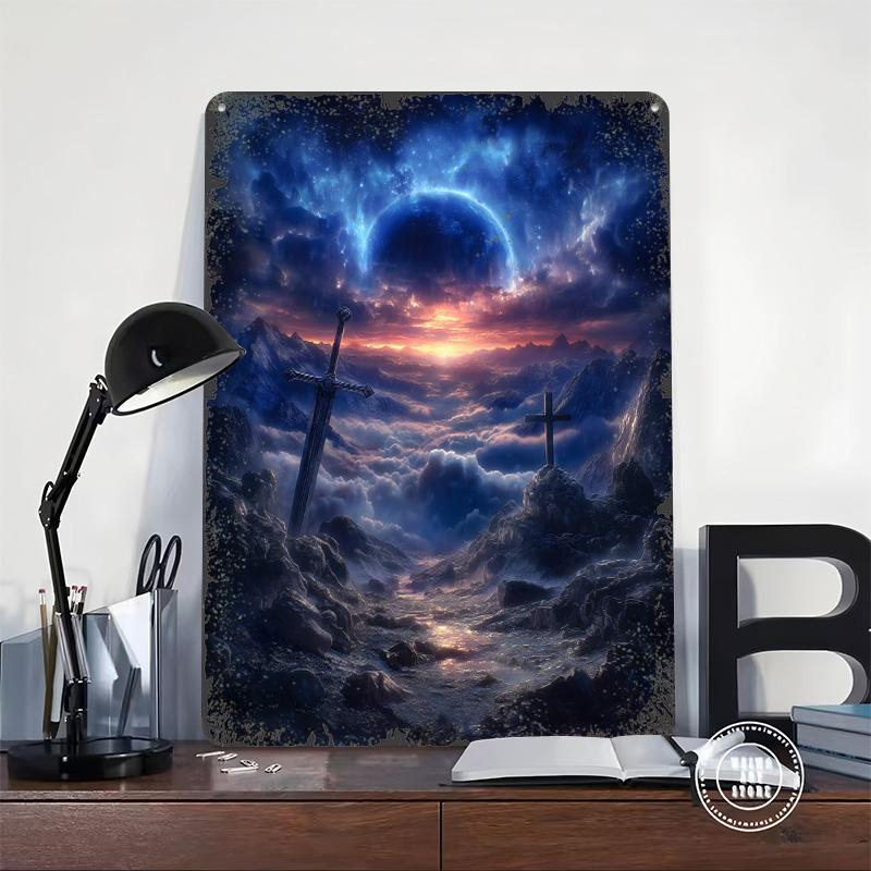Fantasy Landscape With Sword and Cross Tinplate Poster Customized Wall Art Vintage Retro Metal Signs for Bathroom Decor Man Cave