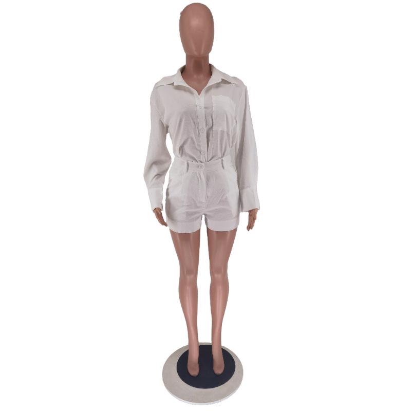 2024 Trendy Women's Casual Suit: Long Sleeve Shirt & Shorts Set