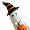 Yousheng Halloween Ghost Figurine with Witch Hat, Cute Small Resin Ghost Holding Pumpkin Statue for Home Table Shelf Desk Decor