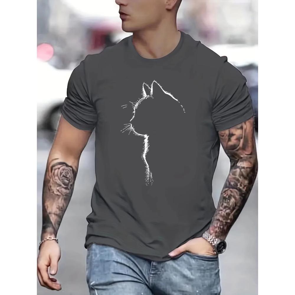 Tricou de vară lejer supradimensionat casual confortabil pentru bărbați, din bumbac 100% pur, cu imprimeu cu model de pisică, sport, cu gât rotund și mâneci scurte