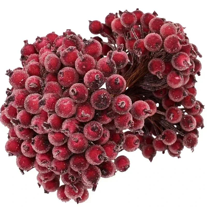Mini Artificial Frosted Berry Stamen Christmas Double Head Holly Berries Fake Flowers Bouquets DIY Wreath Xmas Party Decoration