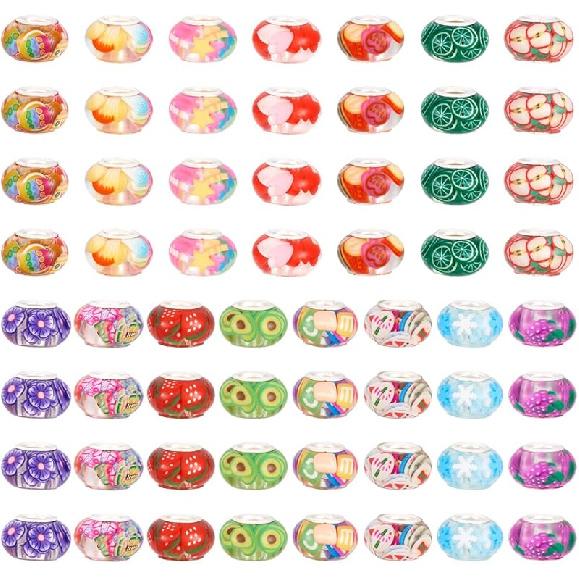 KISSITTY 66Pcs Assortment European Resin Beads Glitter Large Hole Bead Mixed Colors Platinum Cores Rondelle Mixed Color Spacer Beads for Jewelry