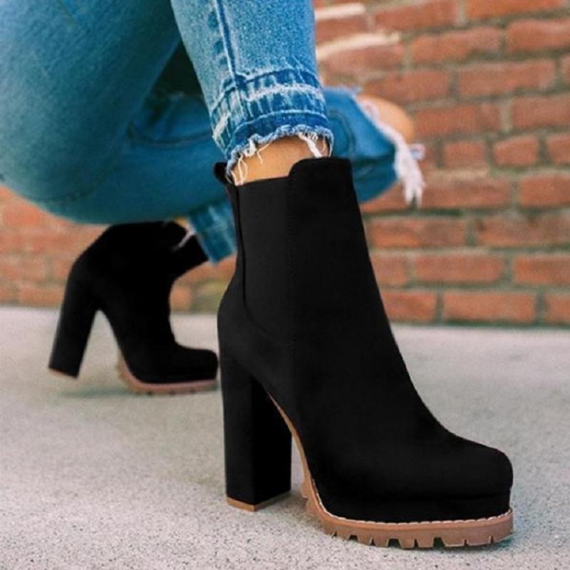

Autumn Women s Paltform Shoes Plus Size Chunky Heel Ankle Boots for Women Fashion Flock Heeled Shoes Slip on Ladies Short Boots
