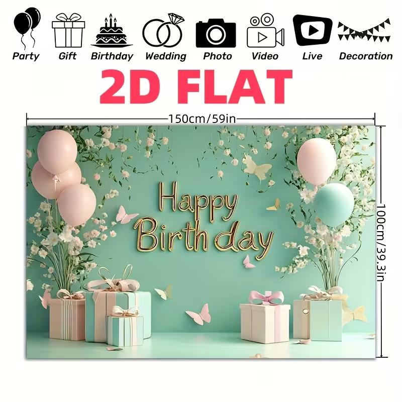 2D Mint Green Happy Birthday Backdrop with Pink Balloons & Floral Photography Background
