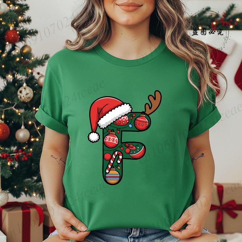 Fashion Printed T Shirt Festive Christmas Alphabet Letter with Santa Hat Women T Shirt Short Sleeves Crew Neck Female Clothes