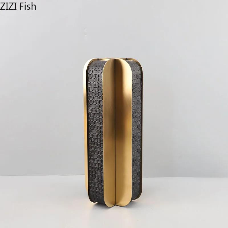 Golden Geometry Vase Artificial Flower Decorative Flowers Pots Desk Decoration Leather Floral Vases Room Aesthetic Decor