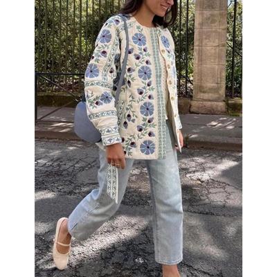 Elegancka Damska Bawełniana Kurtka Płaszcz z Paskiem Kwiatowy Wzór Jesień Zima Moda Długie Rękawy Jednorzędowy Okrągły Dekolt Streetwear Nowa Damska Odzież Wierzchnia