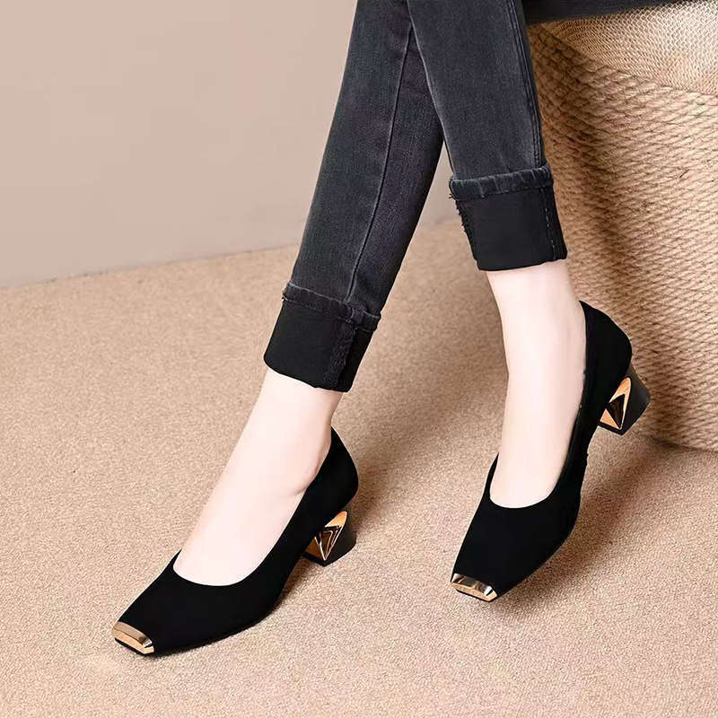 French high heels women's 2025 new fashion simple metal iron head shallow mouth temperament commuter thick heel four seasons single shoes