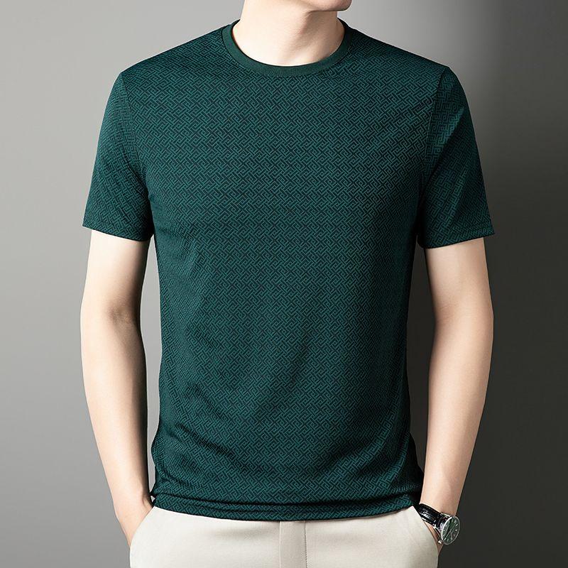 Ice Silk Jacquard T-shirt Men's Middle-aged Fashion Casual Plaid Round Neck Short-sleeved T-shirt Top