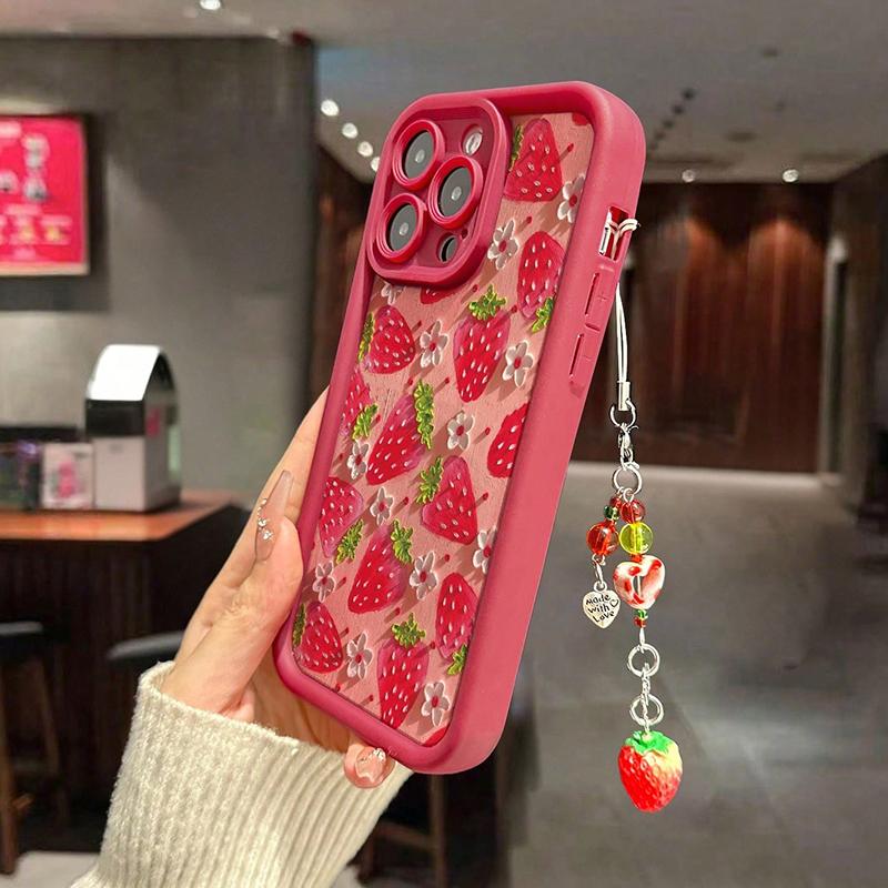 Flower Strawberry Painting Pendant Chain Phone Case For iPhone 17 16 15 14 13 12 11 Pro Max 16E XS X XR 7 8 Plus Silicone Cover