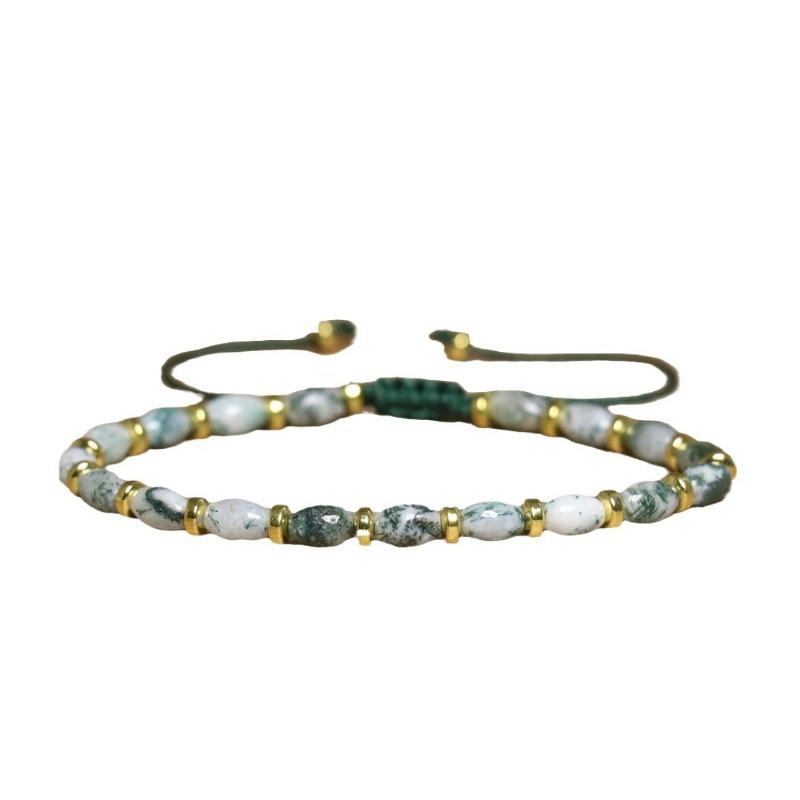 Tree Agate Oval Bead Bracelet – Gold Accent Adjustable Boho Jewelry, Nature Calm Gift for Women