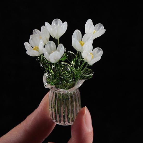 Glasblumenstrauß mit Vase Handgeblasene Mini-Blumendekoration Haus Wohnzimmer Handgefertigter Simulations-Blumenschmuck mit Stiel