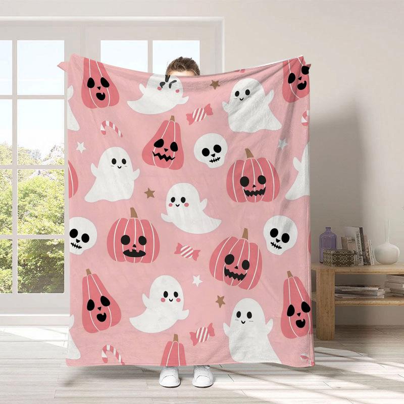 Warm Halloween Flannel Blanket - Cartoon Ghost & Pumpkin Design