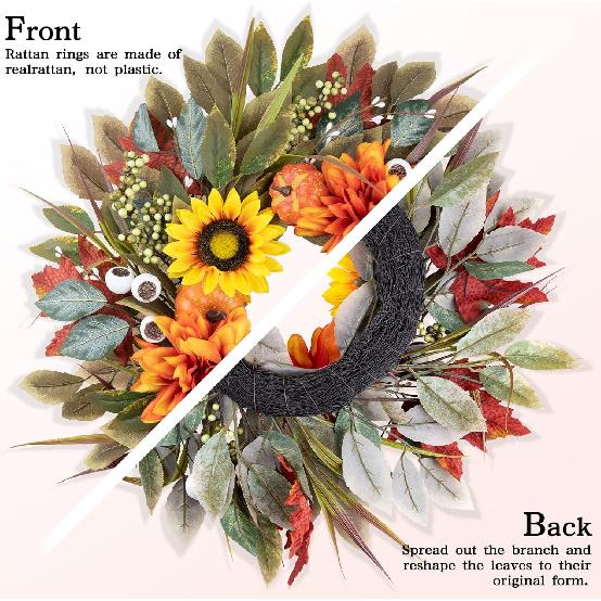 Wreath Front Door 24IN Autumn Maple Leaves Wreaths Fall Harvest Door Wreaths with Pumpkin Large Door Wreath for Thanksgiving Halloween Farmhouse