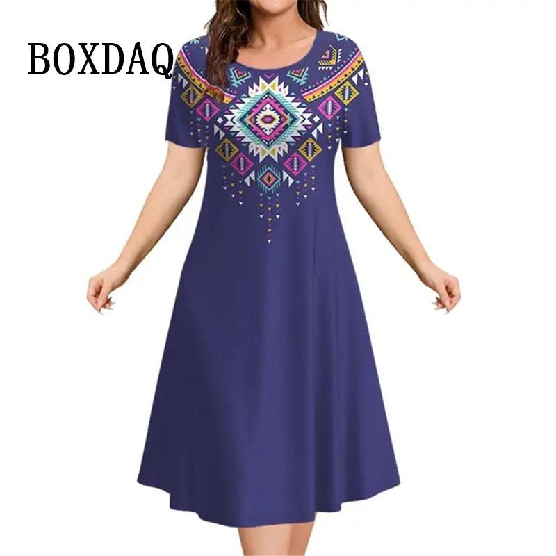 Flower Print Women Dress For Vintage New Short Sleeve O-Neck Mini Dress Summer Pullover Loose Casual Retro Loose Dress