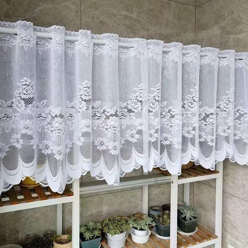 1pc Floral Embroidered Lace Curtain Rod Pocket Sheer Short Valance, Bathroom Small Window Cabinet Cover Dustproof Half Curtains