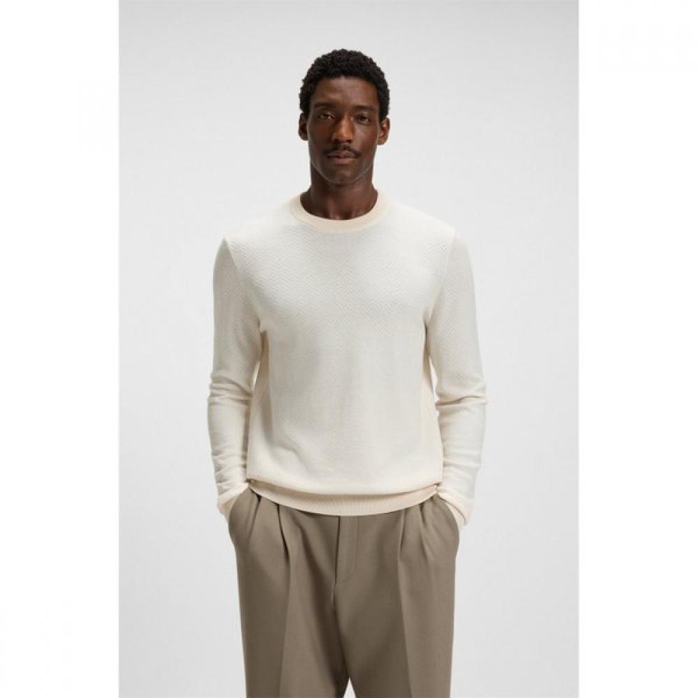 Boss Regular Fit Virgin Wool Herringbone Knit Sweater Open White 50549985131 S