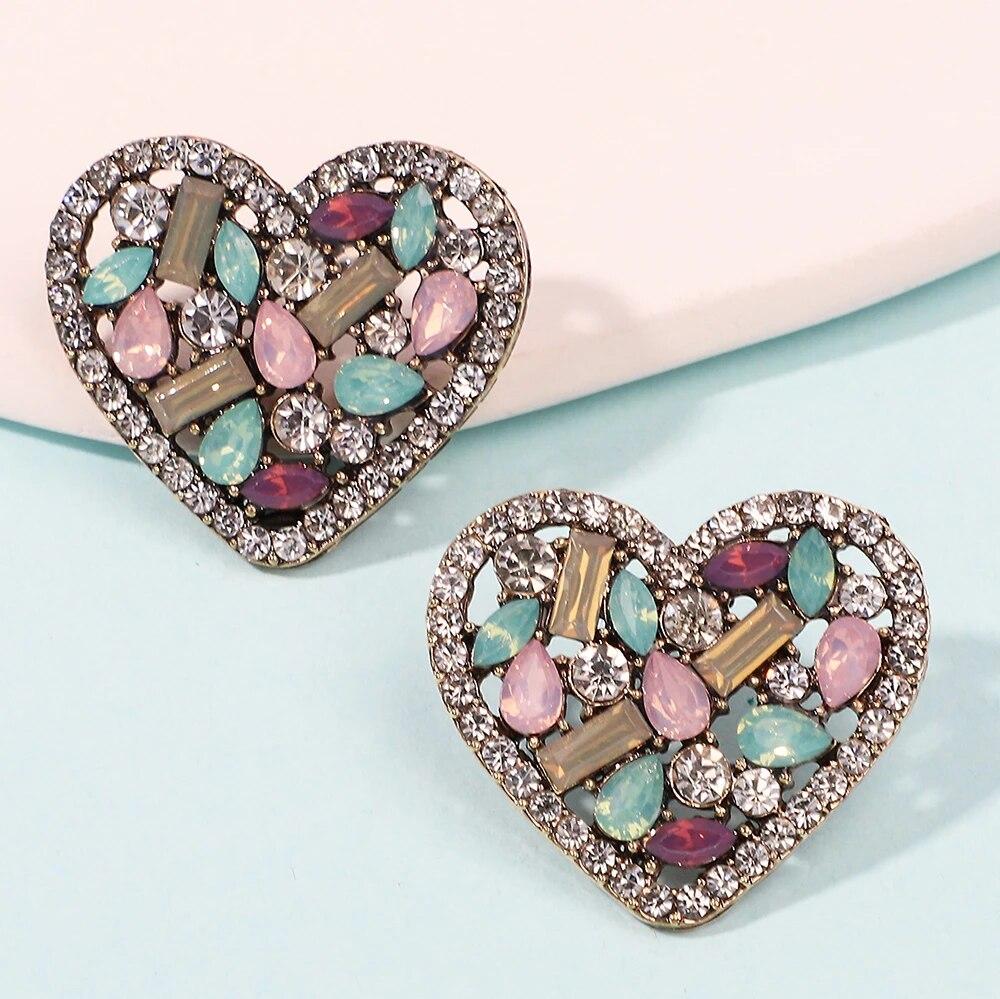 Korean Fashion Heart Metal Hollow Stud Earrings For Women Girl Luxury Bling Color Crystal Party Jewelry Aesthetic Accessories