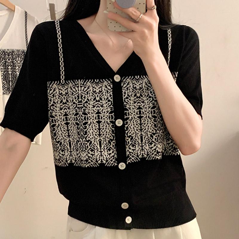 

Женские свитера, кардиганы, лето 2025, короткий рукав, V-образный вырез, черный вязаный свитер, женские топы, кардиган JJ197 One Size чёрный