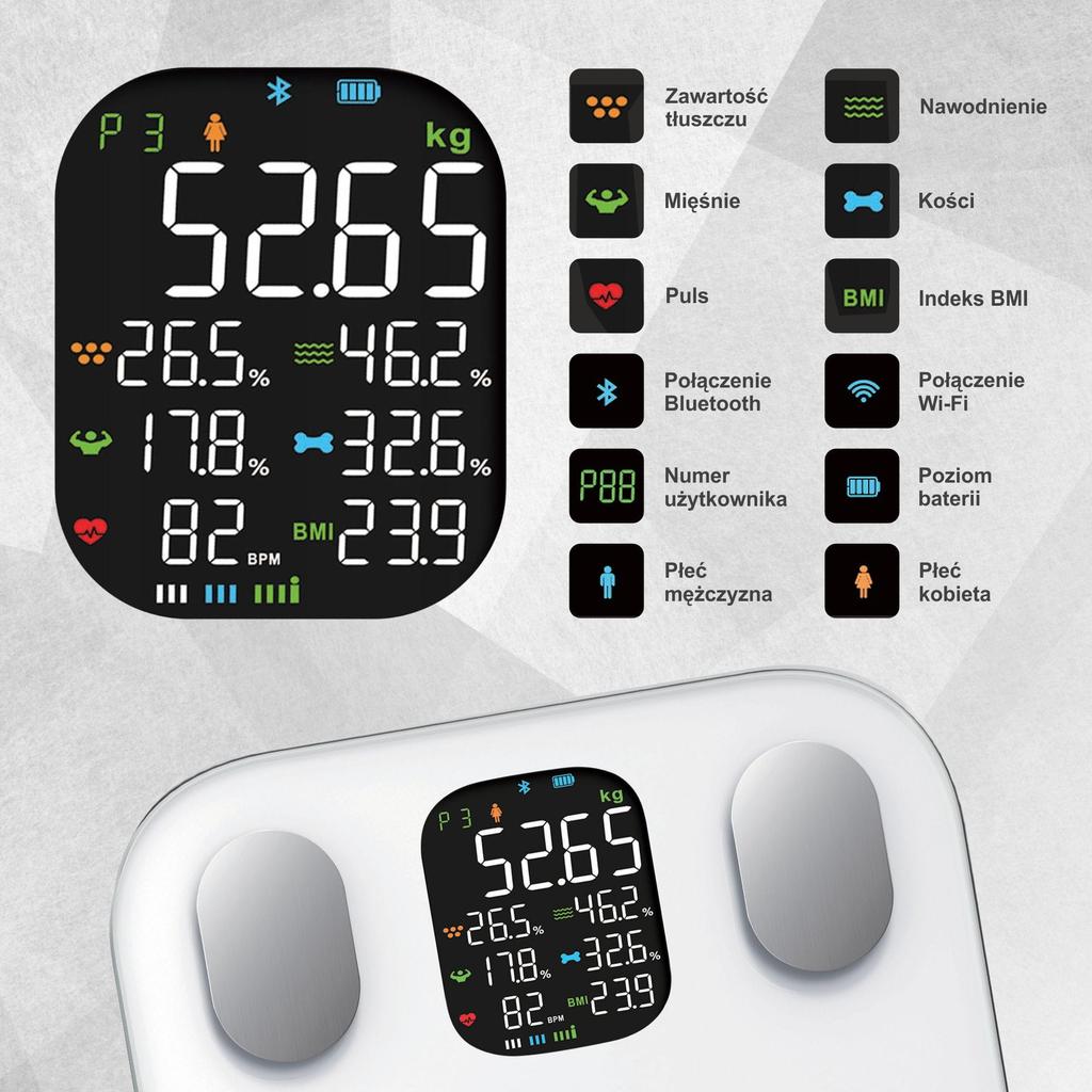 Waga łazienkowa z pomiarem tkanki tłuszczowej i składu ciała, Smart, BT, KLAUSBERG KB-7855 biała