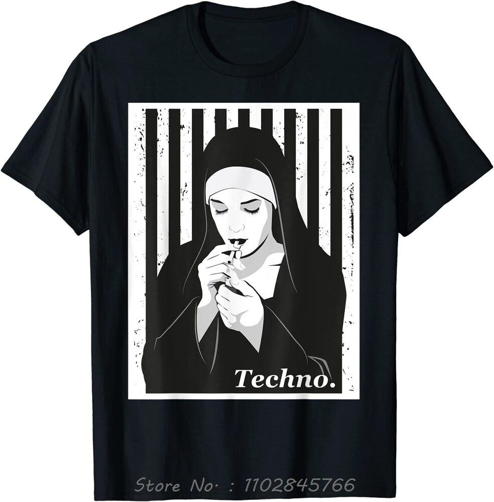 Techno Nun Oversized Tshirt Techno Hardstyle Nun Mens Clothing Summer Fitness T Shirt Casual Luxury Brand Cotton Tshirt Tops S