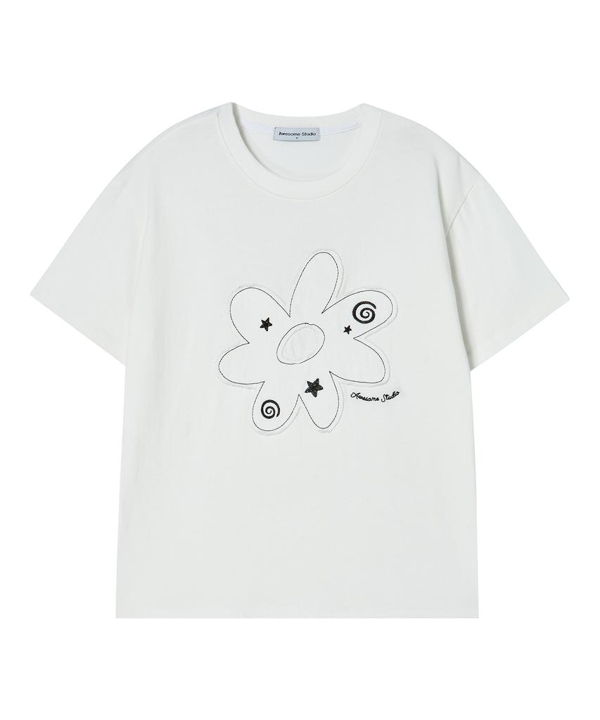 AWESOME STUDIO Flower Patchwork Short Sleeve T-Shirt Ivory