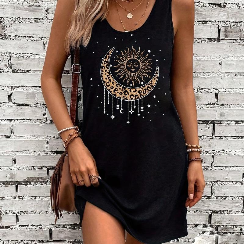 Women's Summer Sleeveless Tank Top Dress Sexy Women's Summer Loose Sleeveless Short Mini Dress with Black Print