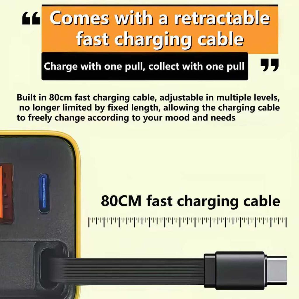 Dual Port Foldable GaN Charger with Retractable Cable for Fast Charging Apple, Huawei, Xiaomi Devices
