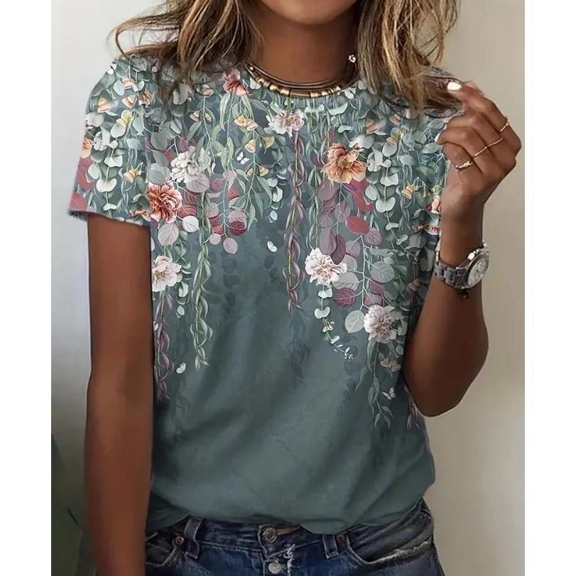 Женская футболка с круглым вырезом в стиле ретро с цветочным принтом и короткими рукавами — фото 3