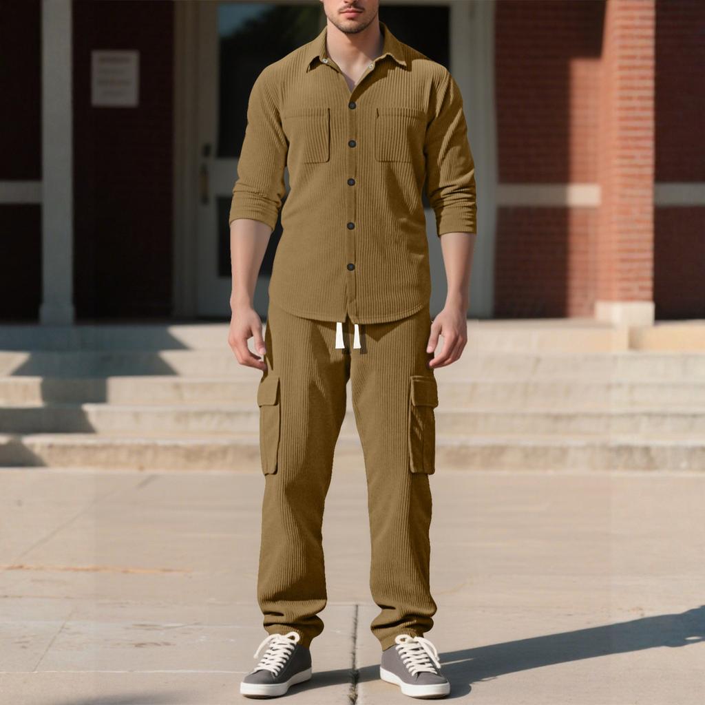 Men's Casual Sports Lapel Cardigan Jacket Long-sleeved Trousers Suit Loose Corduroy Work Suit